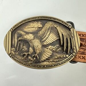 Vntg High Mesa Solid Bronze Eagle Belt Buckle 1985 Acorn Genuine Leather Belt 34